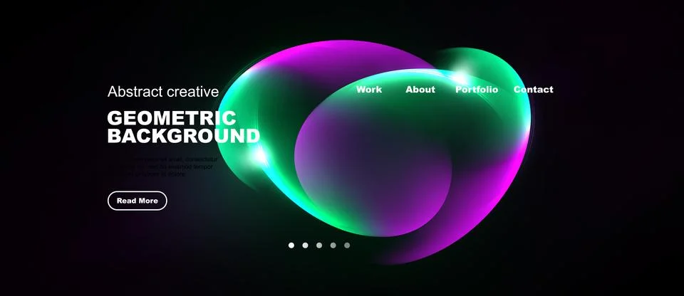 Dark background features vibrant abstract shapes, text elements, navigation Stock Illustration