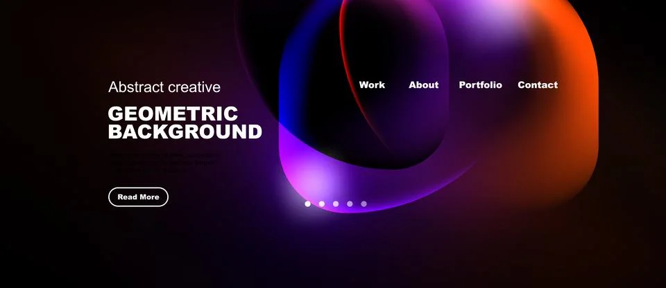 Dark background features vibrant abstract shapes, text elements, navigation Stock Illustration