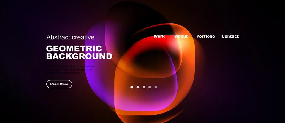 Dark background features vibrant abstract shapes, text elements, navigation.. Stock Illustration