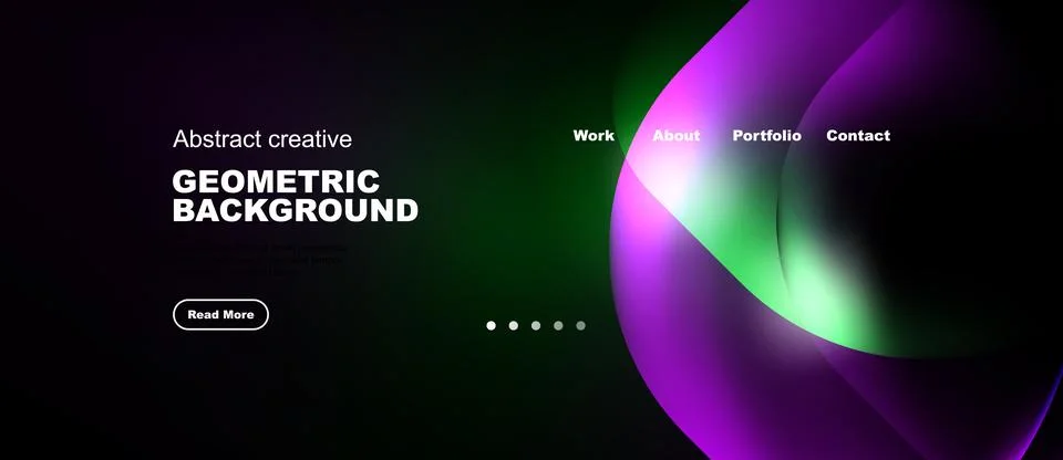 Dark background features vibrant abstract shapes, text elements, navigation Illustrazione stock