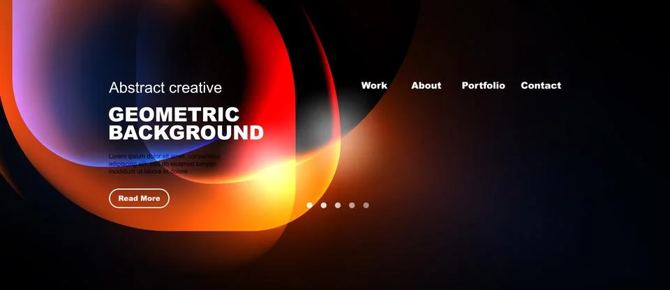 Dark background features vibrant abstract shapes, text elements, navigation.. Stock Illustration