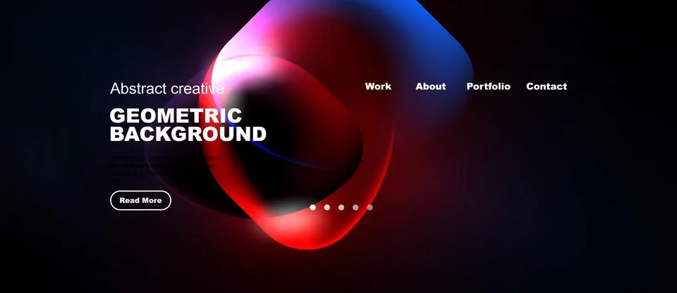 Dark background features vibrant abstract shapes, text elements, navigation Illustrazione stock