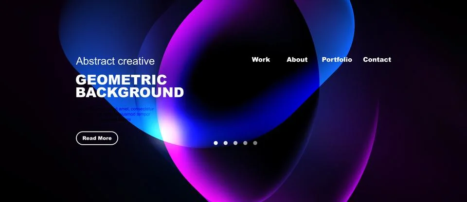 Dark background features vibrant abstract shapes, text elements, navigation.. 스톡 일러스트
