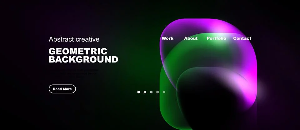 Dark background features vibrant abstract shapes, text elements, navigation.. Illustrazione stock