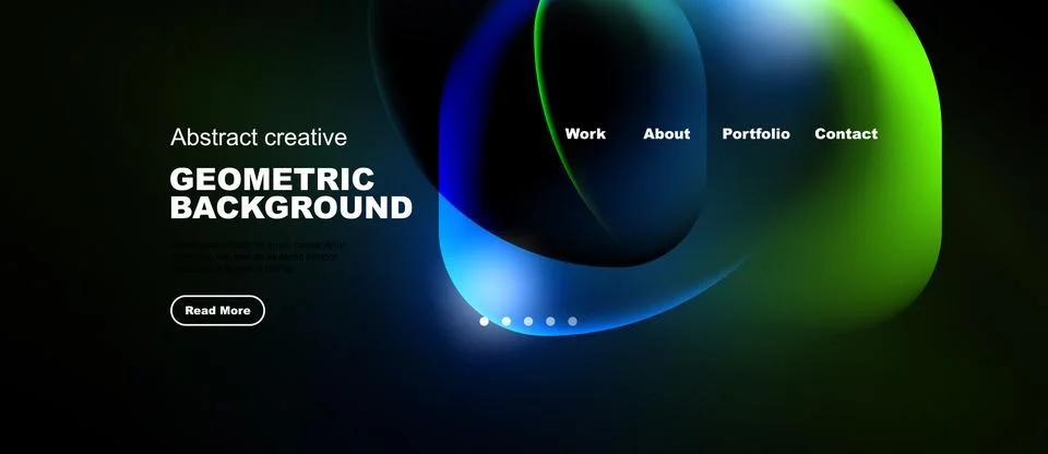 Dark background features vibrant abstract shapes, text elements, navigation Stock Illustration