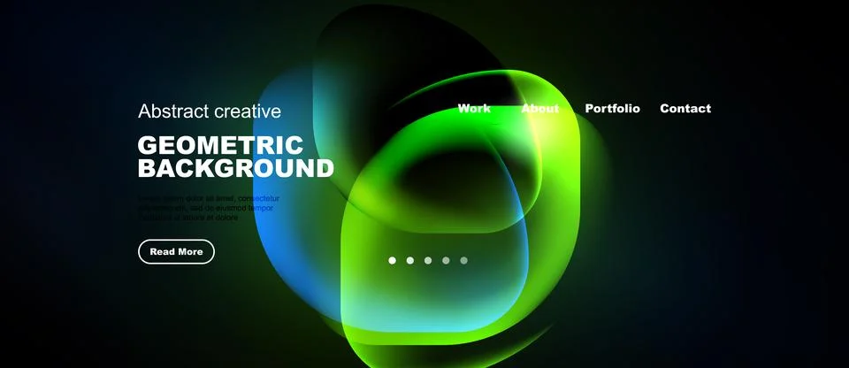 Dark background features vibrant abstract shapes, text elements, navigation.. Stock Illustration