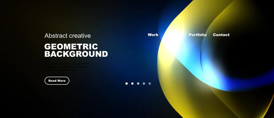 Dark background features vibrant abstract shapes, text elements, navigation Stock Illustration
