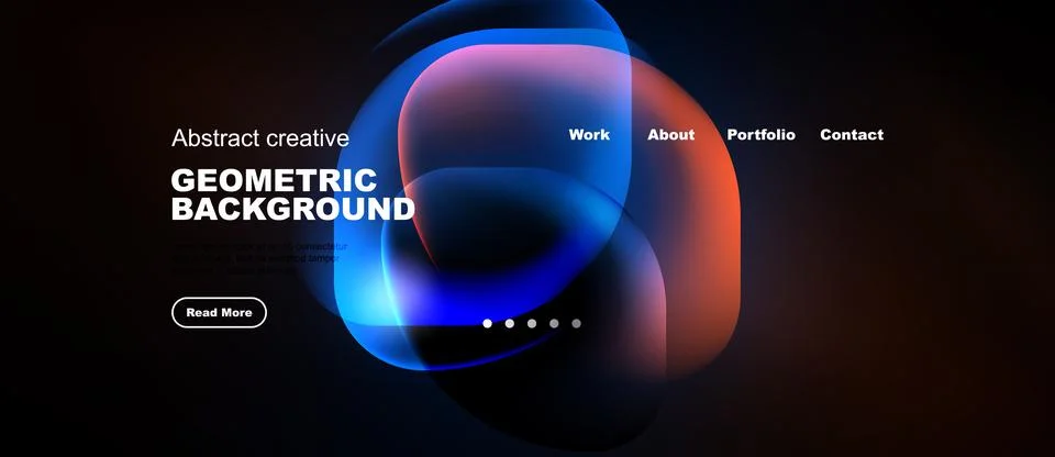 Dark background features vibrant abstract shapes. Text overlays promote work, Stock Illustration