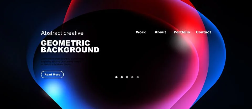 Dark background features vibrant abstract shapes. Text elements include work, Stock Illustration