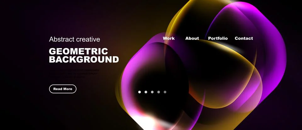 Dark background features vibrant abstract shapes, text elements, navigation.. Stock Illustration