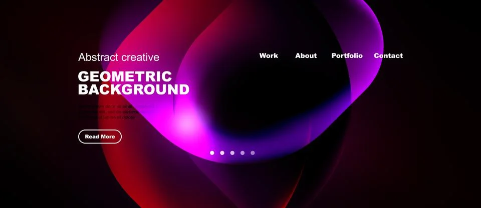 Dark background features vibrant abstract shapes, text elements, navigation.. Stock Illustration