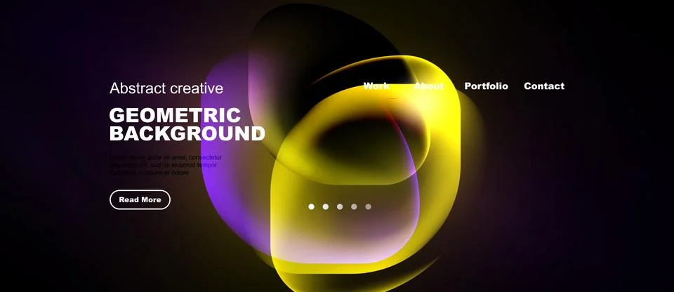 Dark background features vibrant abstract shapes, text, navigation menu. Mode Illustrazione stock