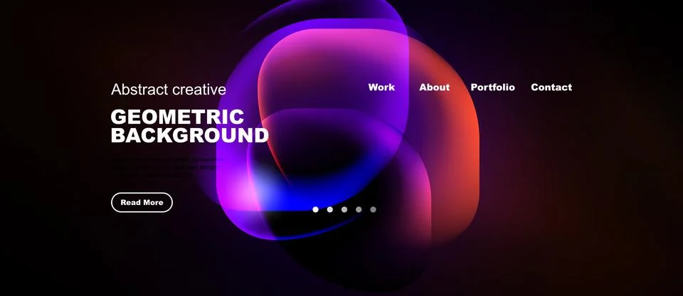 Dark background features vibrant abstract shapes, text elements, navigation.. Stock Illustration