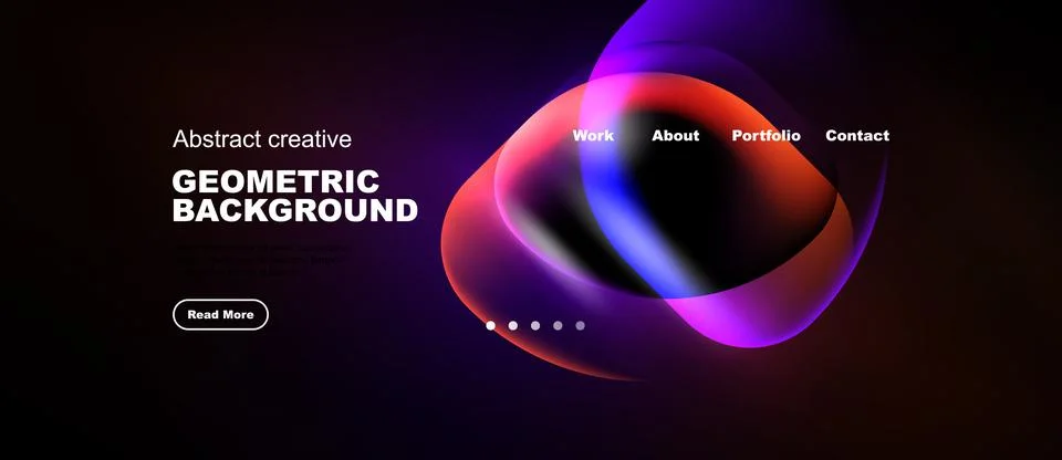 Dark background features vibrant abstract shapes, text elements, navigation Stock Illustration