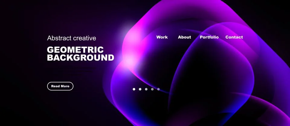 Dark background features vibrant abstract shapes, text elements, navigation.. Stock Illustration