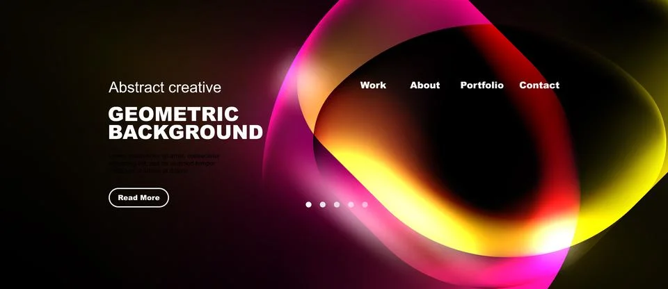Dark background features vibrant abstract shapes. Text elements include title Illustrazione stock