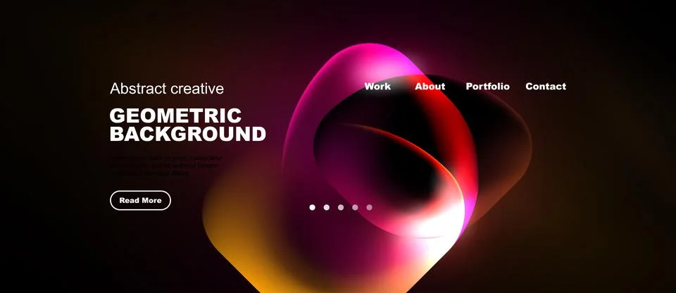 Dark background features vibrant abstract shapes, text elements, navigation.. Stock Illustration