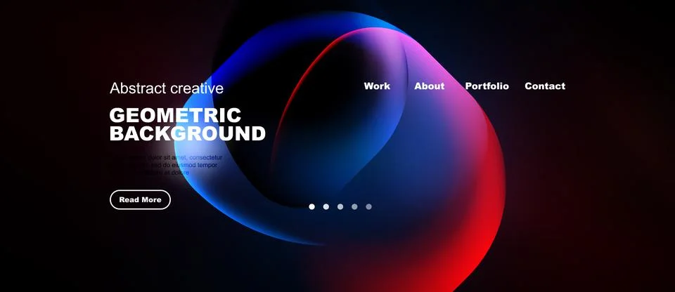 Dark background features vibrant abstract shapes, text elements, navigation.. Stock Illustration
