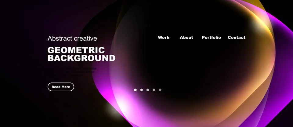 Dark background features vibrant abstract shapes, text elements, navigation.. Stock Illustration