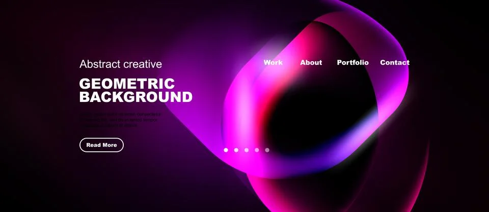 Dark background features vibrant abstract shapes, text elements, navigation.. Illustrazione stock