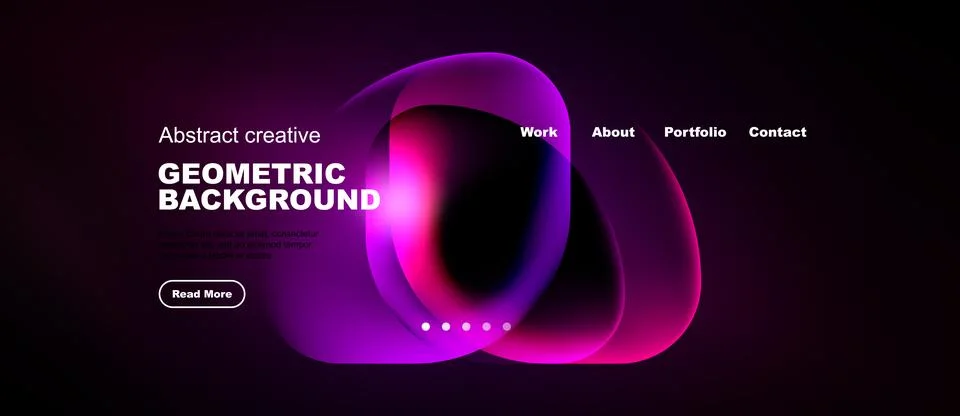Dark background features vibrant abstract shapes, text, navigation elements. Stock Illustration