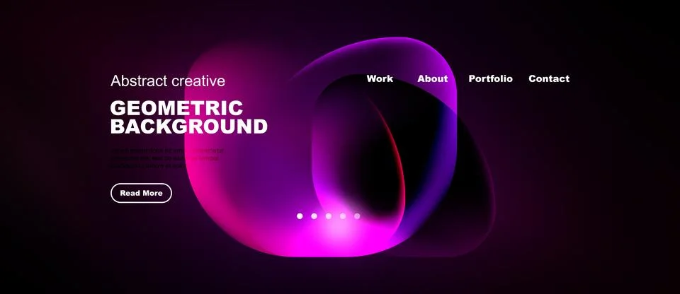 Dark background features vibrant abstract shapes, text elements, navigation.. Stock Illustration