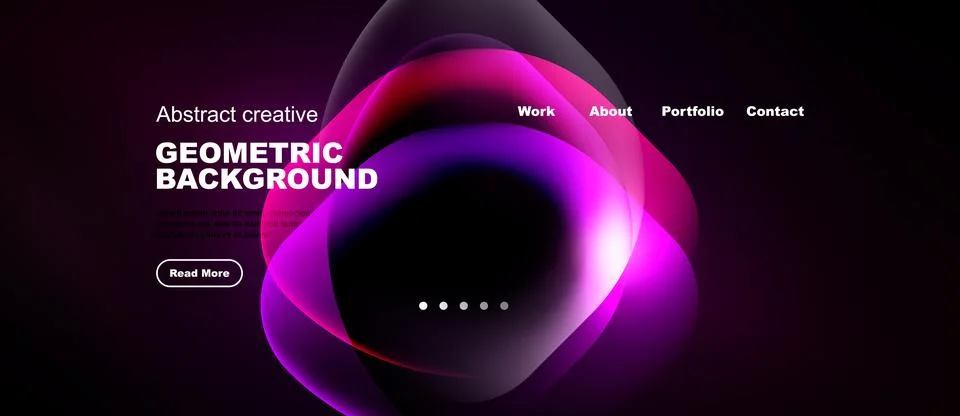 Dark background features vibrant abstract shapes, text elements, navigation.. Illustrazione stock