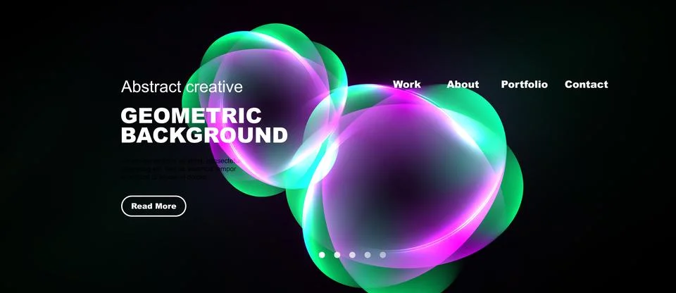 Dark background features vibrant abstract shapes, text elements, navigation.. Stock Illustration