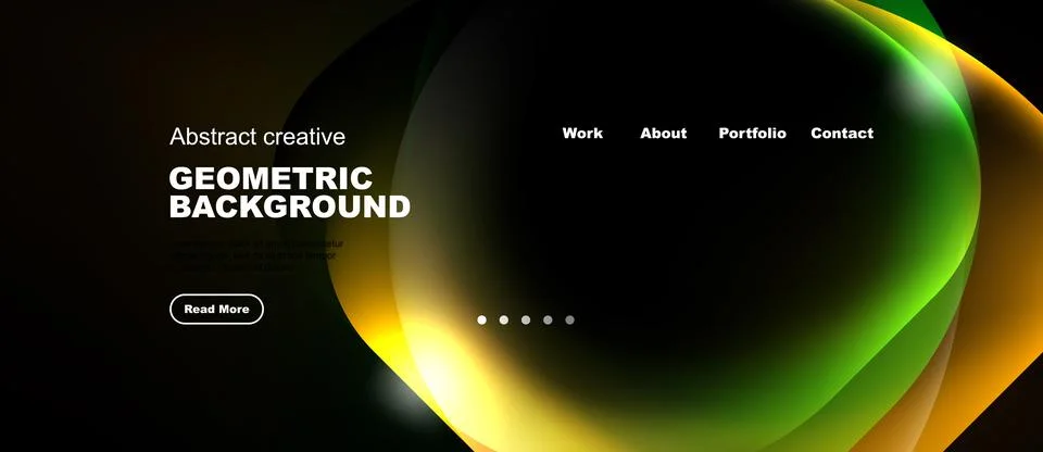 Dark background features vibrant abstract shapes, text elements, navigation.. Stock Illustration