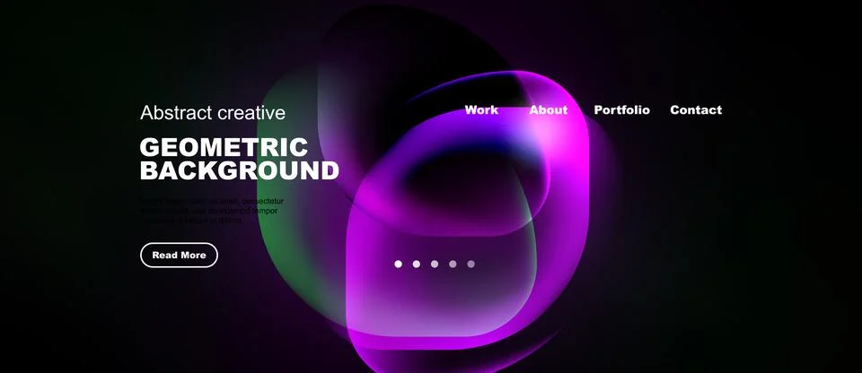 Dark background features vibrant abstract shapes, text elements, navigation.. Stock Illustration