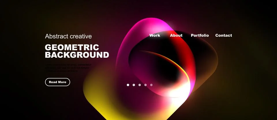 Dark background features vibrant abstract shapes, text elements, navigation.. Stock Illustration