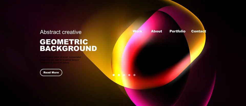 Dark background features vibrant abstract shapes, text elements, navigation.. Stock Illustration