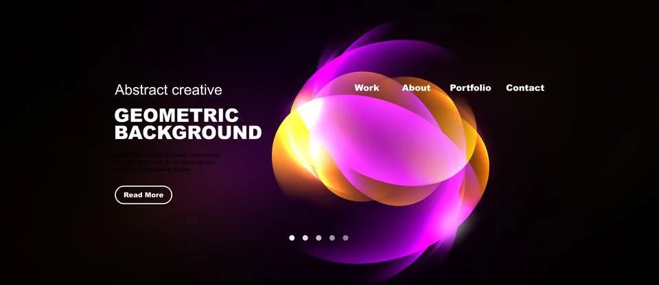 Dark background features vibrant abstract geometric shapes. Menu options in.. Stock Illustration