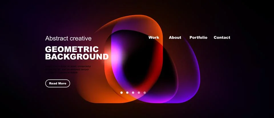 Dark background features vibrant abstract shapes, text elements, navigation.. Illustrazione stock