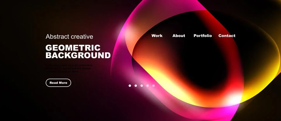 Dark background features vibrant abstract shapes, text elements, navigation.. 스톡 일러스트