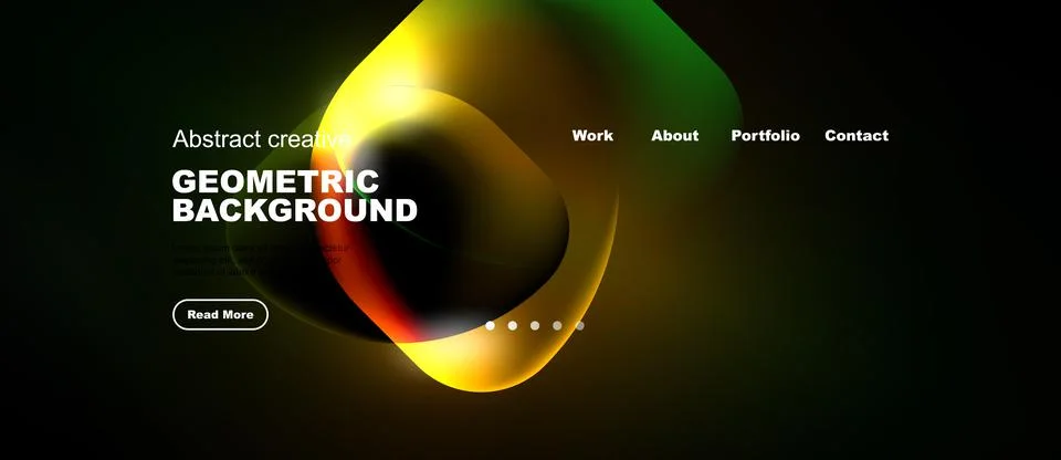 Dark background features vibrant abstract shapes, text elements, navigation.. Stock Illustration