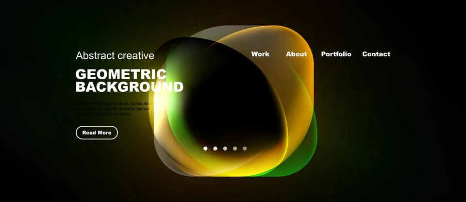 Dark background features vibrant abstract shapes, text elements, navigation.. Stock Illustration