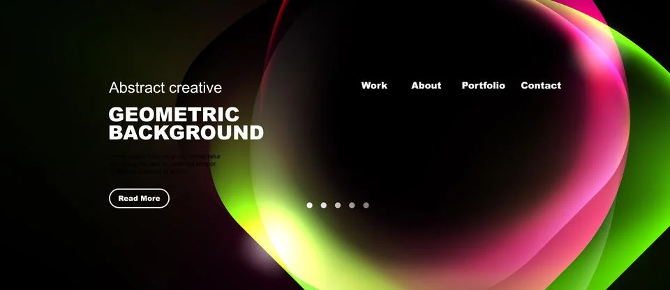 Dark background features vibrant abstract shapes, text elements, navigation Stock Illustration