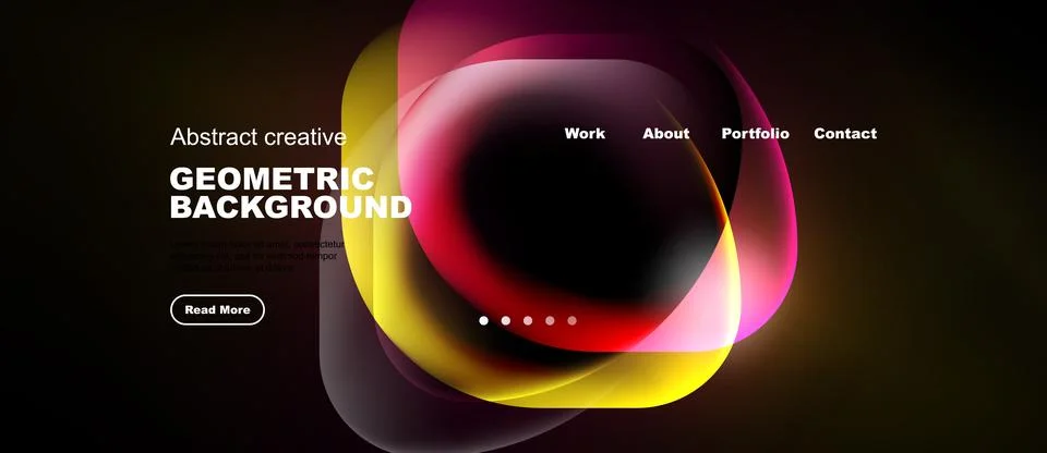 Dark background features vibrant abstract shapes, text elements, navigation.. Illustrazione stock