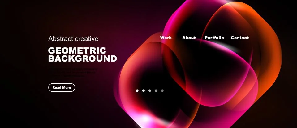 Dark background features vibrant abstract shapes, text elements, navigation.. Stock Illustration