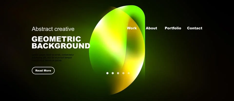 Dark background features vibrant abstract shapes, text elements, navigation.. 스톡 일러스트