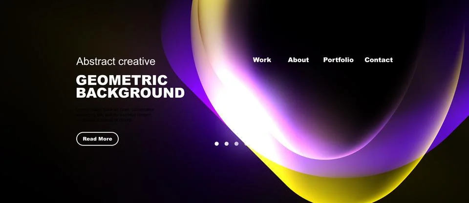 Dark background features vibrant abstract shapes. Website header includes Stock Illustration