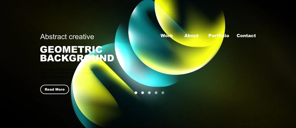 Dark background features vibrant abstract shapes, text elements, navigation.. Illustrazione stock