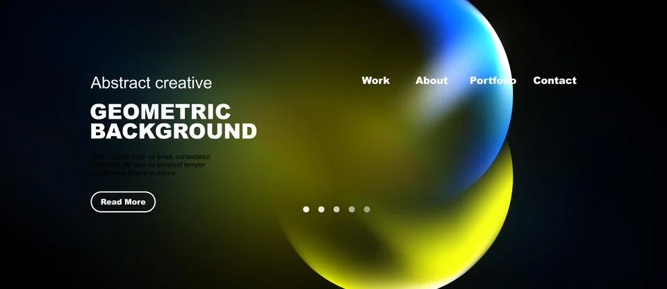 Dark background features vibrant abstract shapes, text elements, navigation.. Illustrazione stock