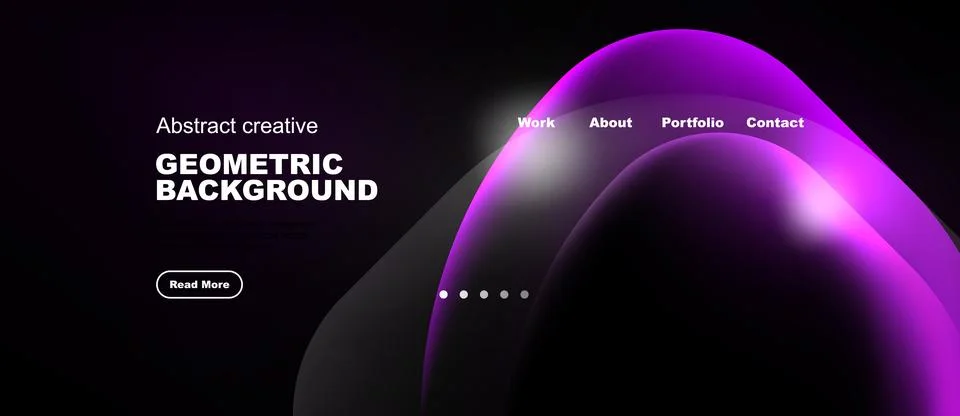 Dark background features vibrant abstract shapes, text elements, navigation.. Stock Illustration