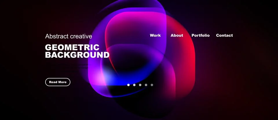 Dark background features vibrant abstract shapes, text elements, navigation.. Illustrazione stock