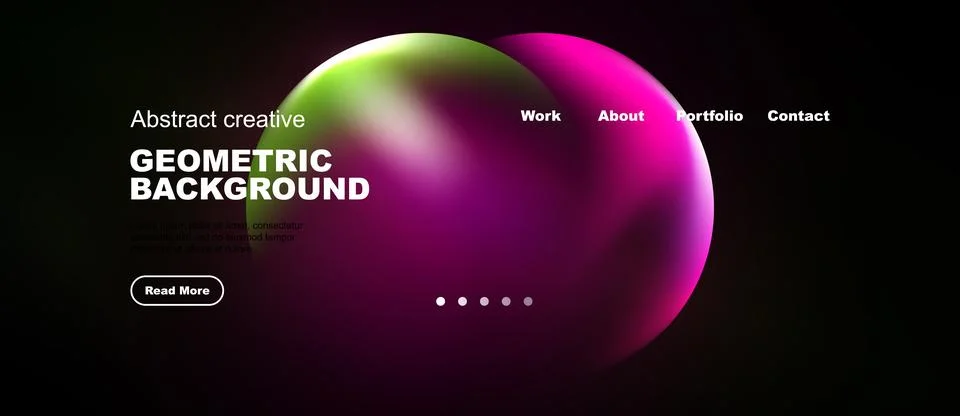 Dark background features vibrant abstract shapes, text elements, navigation.. Illustrazione stock