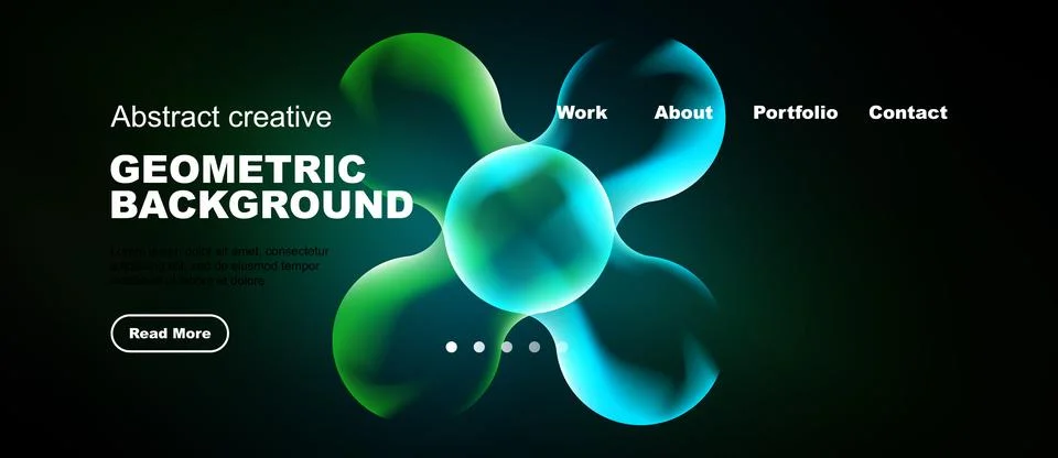 Dark background features vibrant abstract shapes, text elements, navigation.. Illustrazione stock