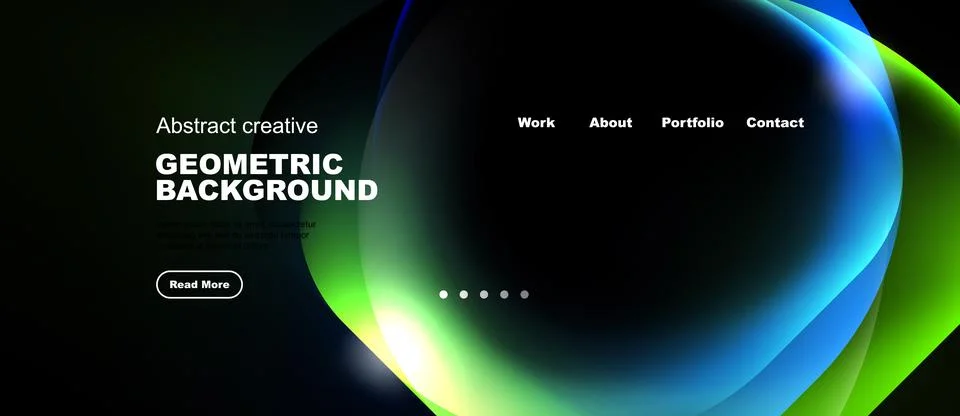 Dark background features vibrant abstract shapes, text elements, navigation.. Illustrazione stock