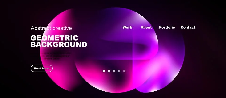 Dark background features vibrant abstract shapes, text elements, navigation.. Stock Illustration